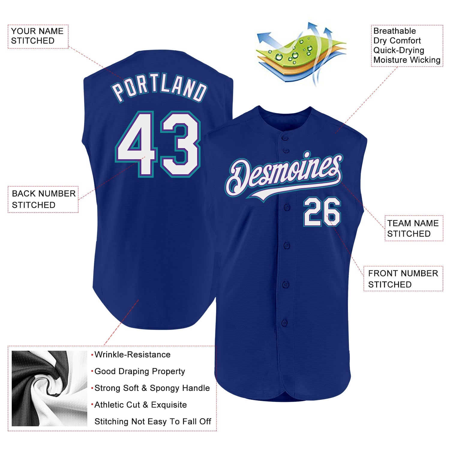 Custom Royal Purple-Teal Authentic Sleeveless Baseball Jersey - Sky-Custom
