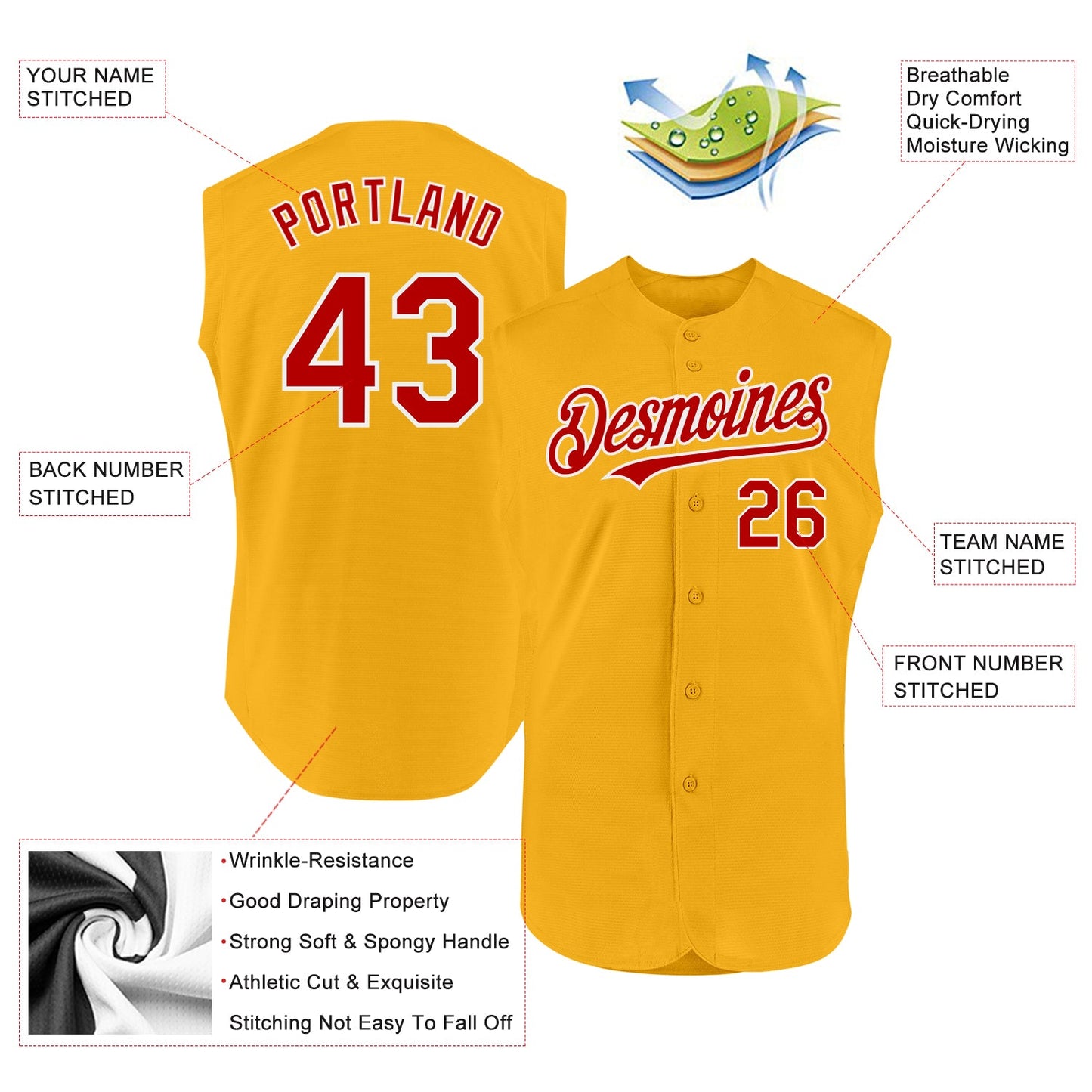 Custom Gold Red-White Authentic Sleeveless Baseball Jersey - Sky-Custom