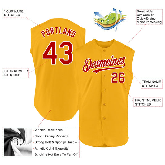 Custom Gold Red-White Authentic Sleeveless Baseball Jersey - Sky-Custom