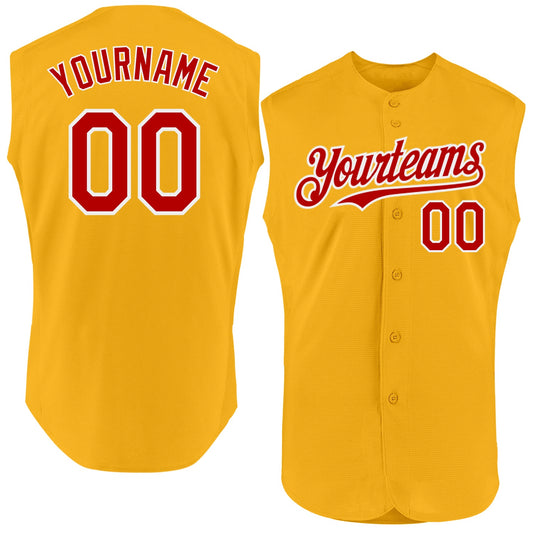 Custom Gold Red-White Authentic Sleeveless Baseball Jersey - Sky-Custom