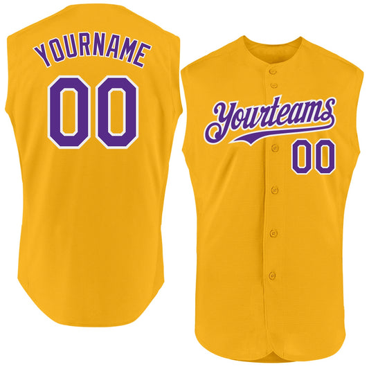 Custom Gold Purple-White Authentic Sleeveless Baseball Jersey - Sky-Custom