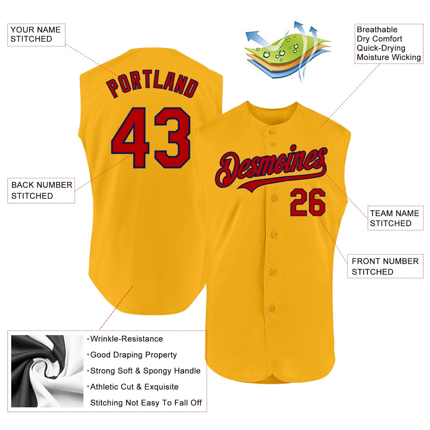 Custom Gold Red-Navy Authentic Sleeveless Baseball Jersey - Sky-Custom