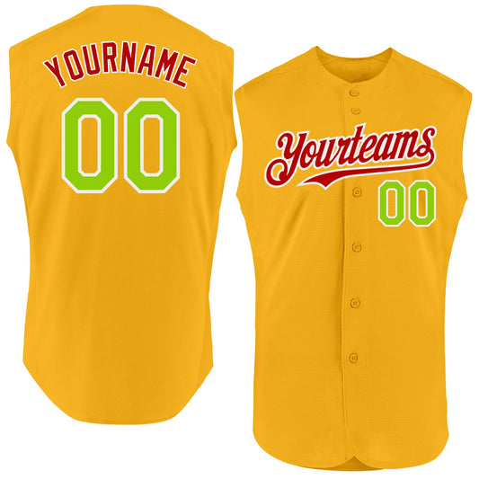 Custom Gold Neon Green-Red Authentic Sleeveless Baseball Jersey - Sky-Custom