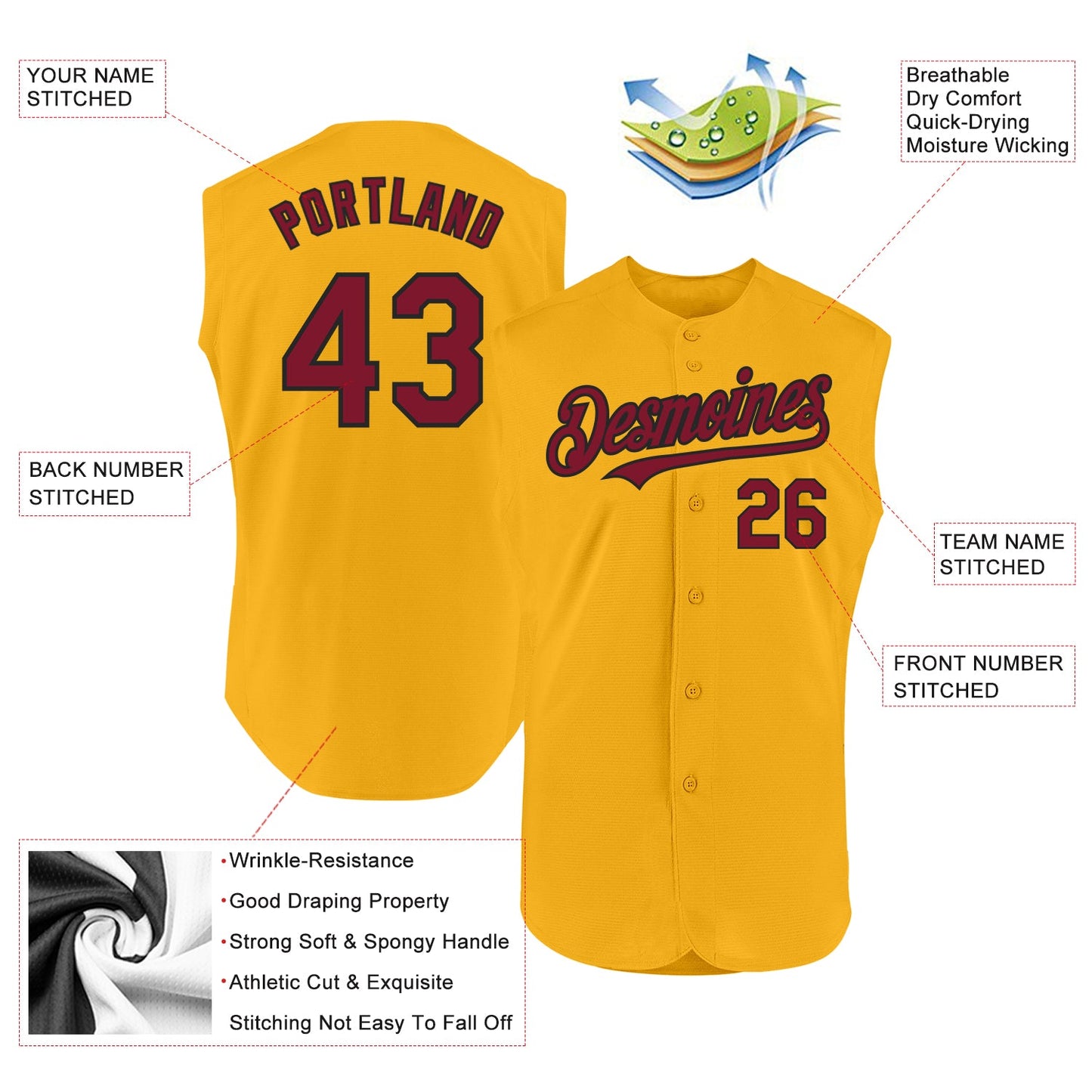 Custom Gold Crimson-Black Authentic Sleeveless Baseball Jersey - Sky-Custom