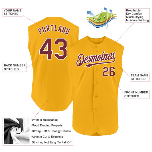Custom Gold Burgundy-White Authentic Sleeveless Baseball Jersey - Sky-Custom