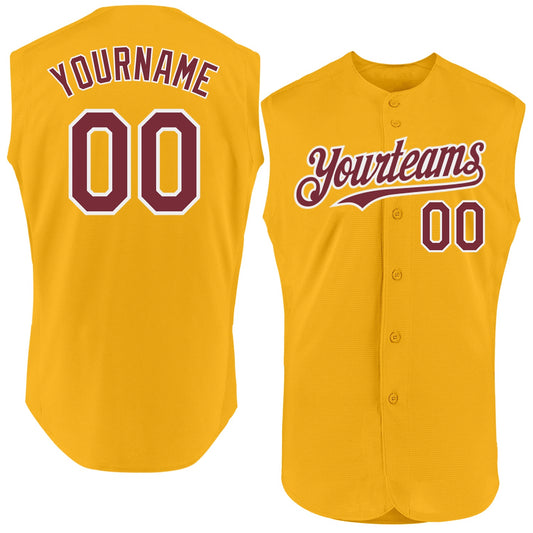 Custom Gold Burgundy-White Authentic Sleeveless Baseball Jersey - Sky-Custom