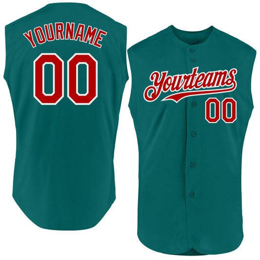 Custom Teal Red-White Authentic Sleeveless Baseball Jersey - Sky-Custom