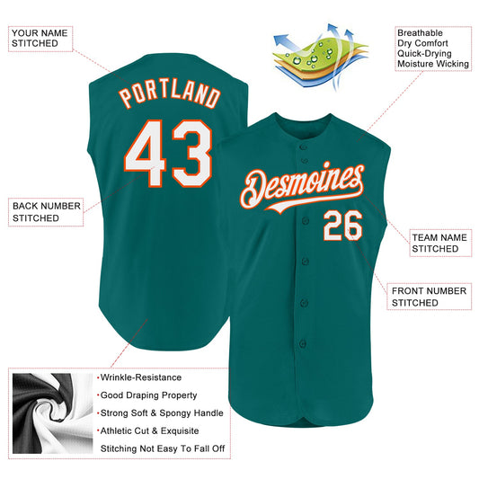 Custom Teal White-Orange Authentic Sleeveless Baseball Jersey - Sky-Custom
