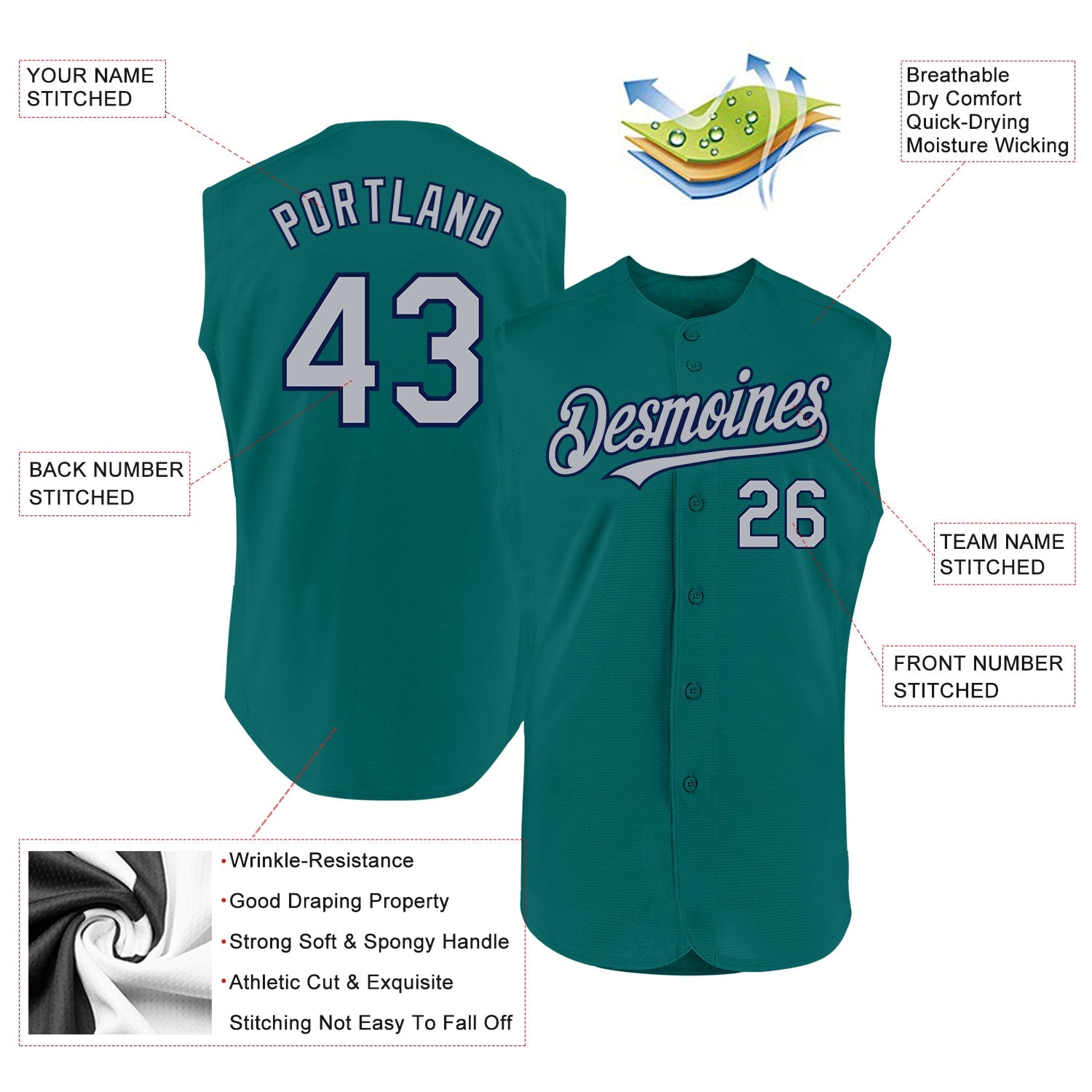 Custom Teal Gray-Navy Authentic Sleeveless Baseball Jersey - Sky-Custom