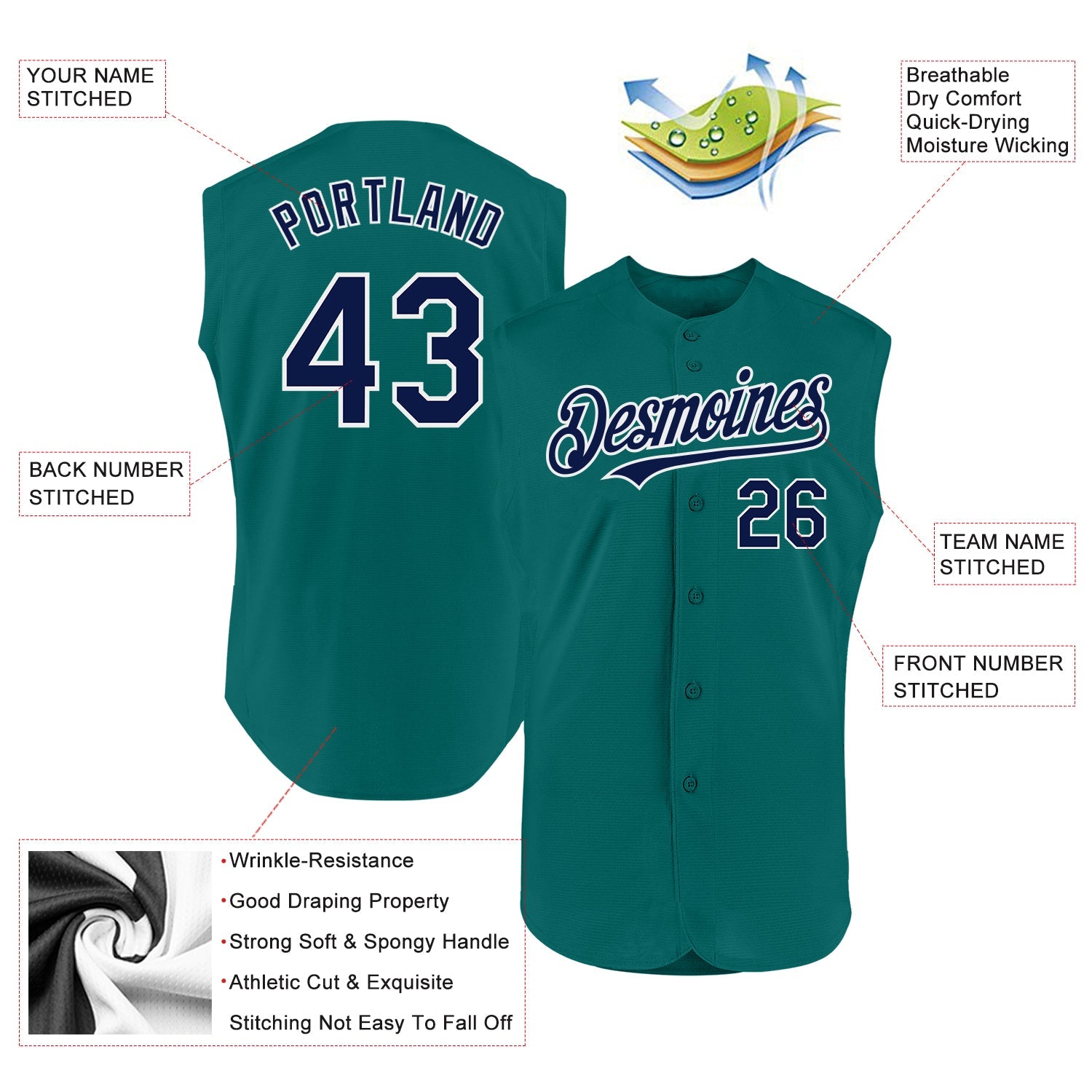 Custom Teal Navy-White Authentic Sleeveless Baseball Jersey - Sky-Custom