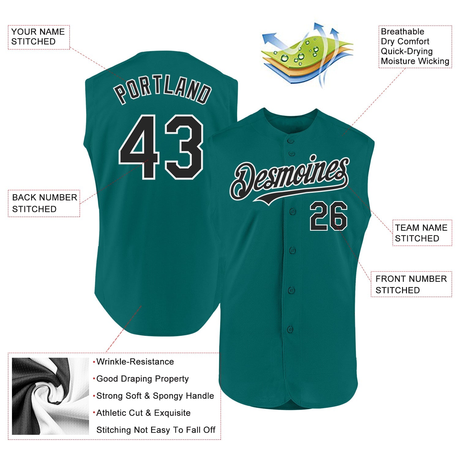 Custom Teal Black-White Authentic Sleeveless Baseball Jersey - Sky-Custom
