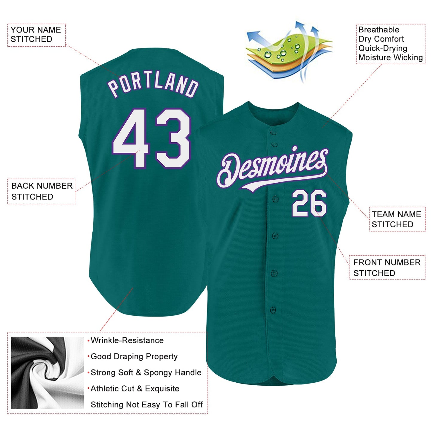 Custom Teal White-Purple Authentic Sleeveless Baseball Jersey - Sky-Custom