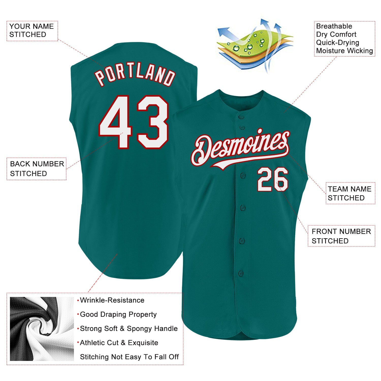 Custom Teal White-Red Authentic Sleeveless Baseball Jersey - Sky-Custom
