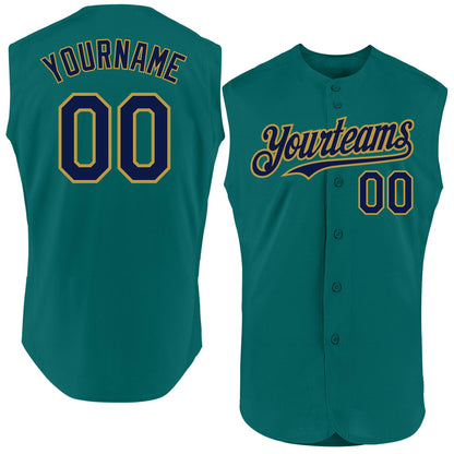Custom Teal Navy-Old Gold Authentic Sleeveless Baseball Jersey - Sky-Custom