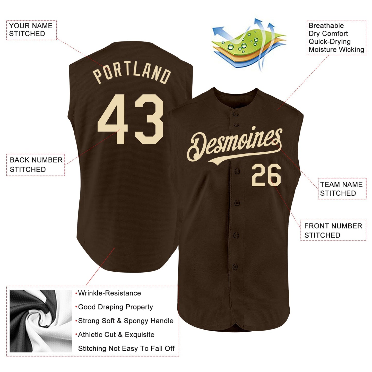 Custom Brown Cream Authentic Sleeveless Baseball Jersey - Sky-Custom