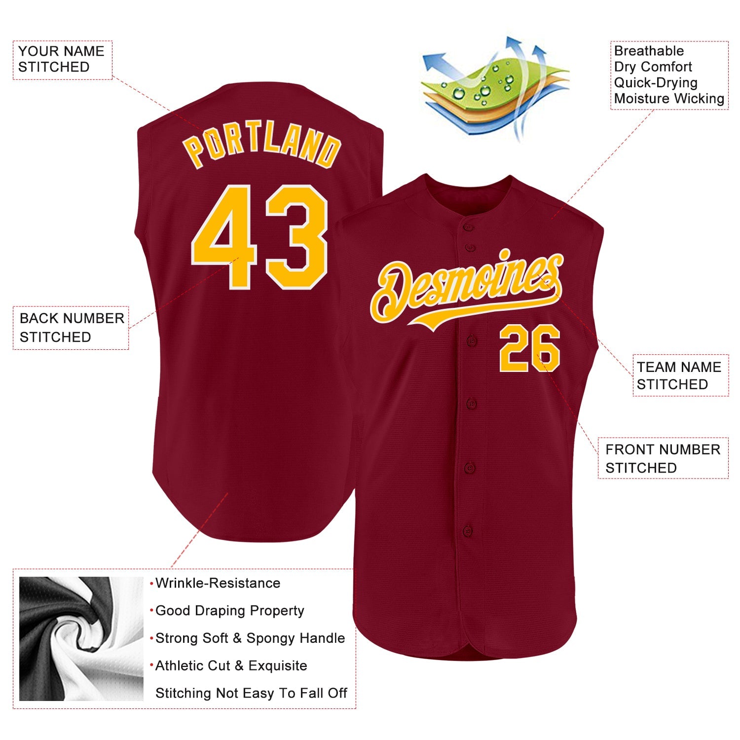 Custom Crimson Gold-White Authentic Sleeveless Baseball Jersey - Sky-Custom