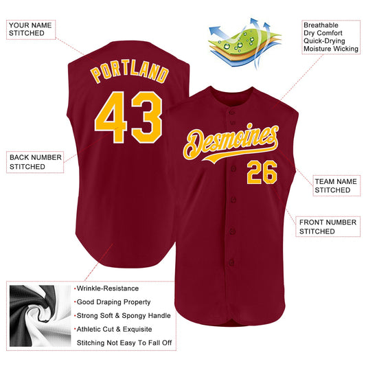 Custom Crimson Gold-White Authentic Sleeveless Baseball Jersey - Sky-Custom