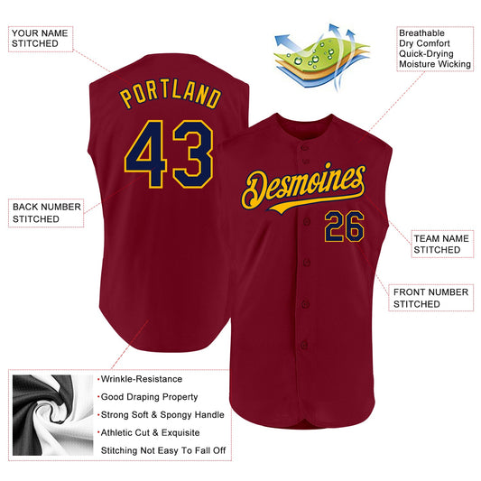 Custom Crimson Navy-Gold Authentic Sleeveless Baseball Jersey - Sky-Custom