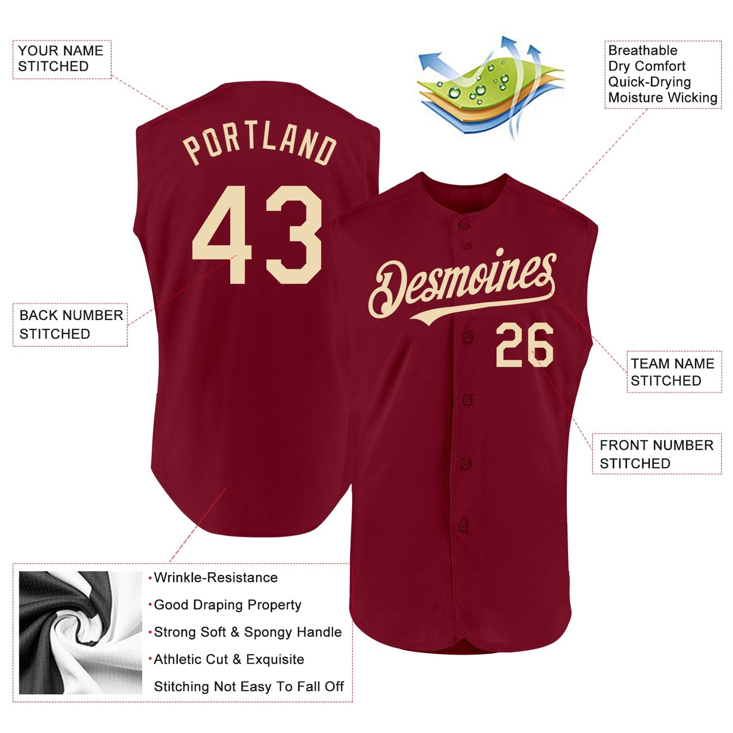 Custom Crimson Cream Authentic Sleeveless Baseball Jersey - Sky-Custom