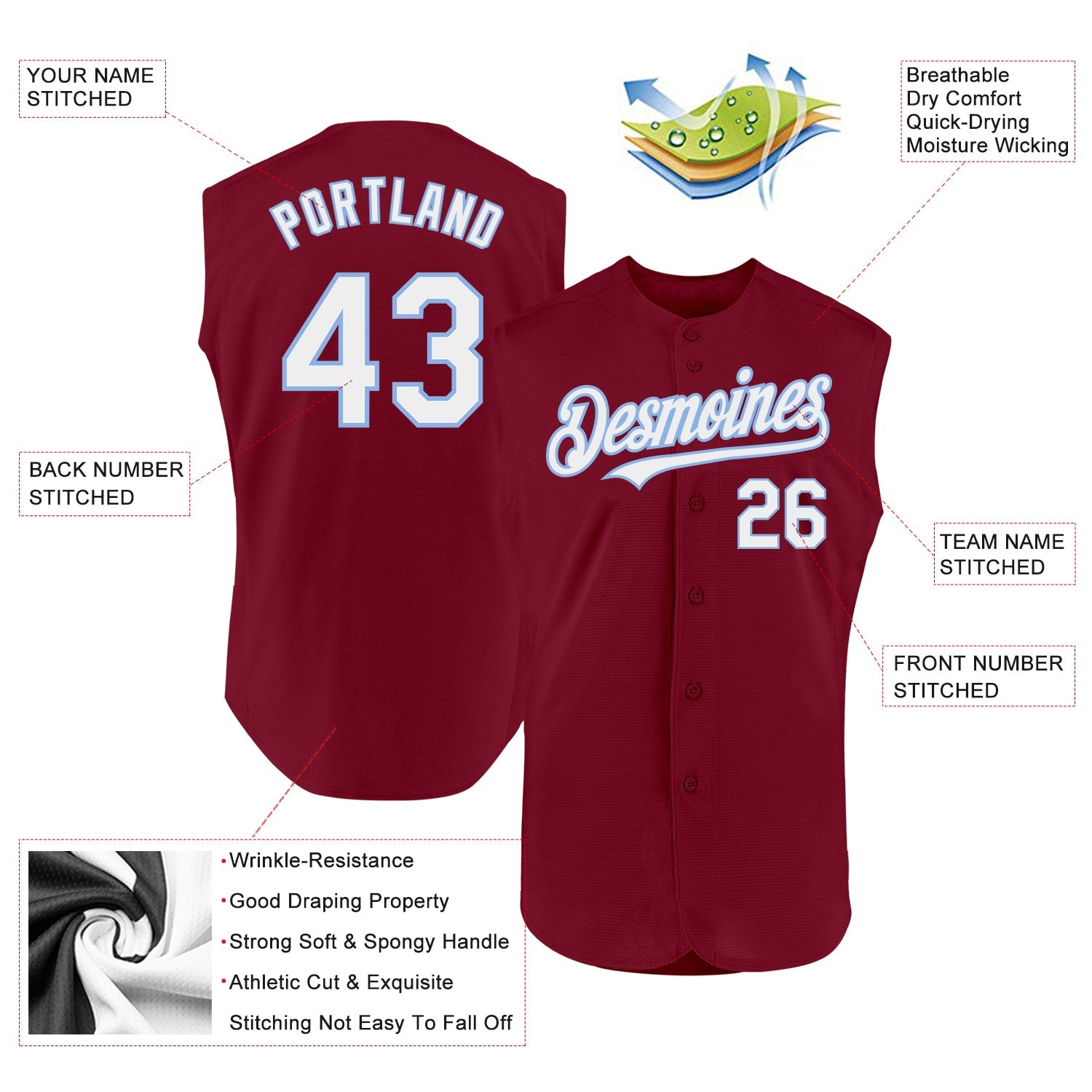 Custom Crimson White-Light Blue Authentic Sleeveless Baseball Jersey - Sky-Custom