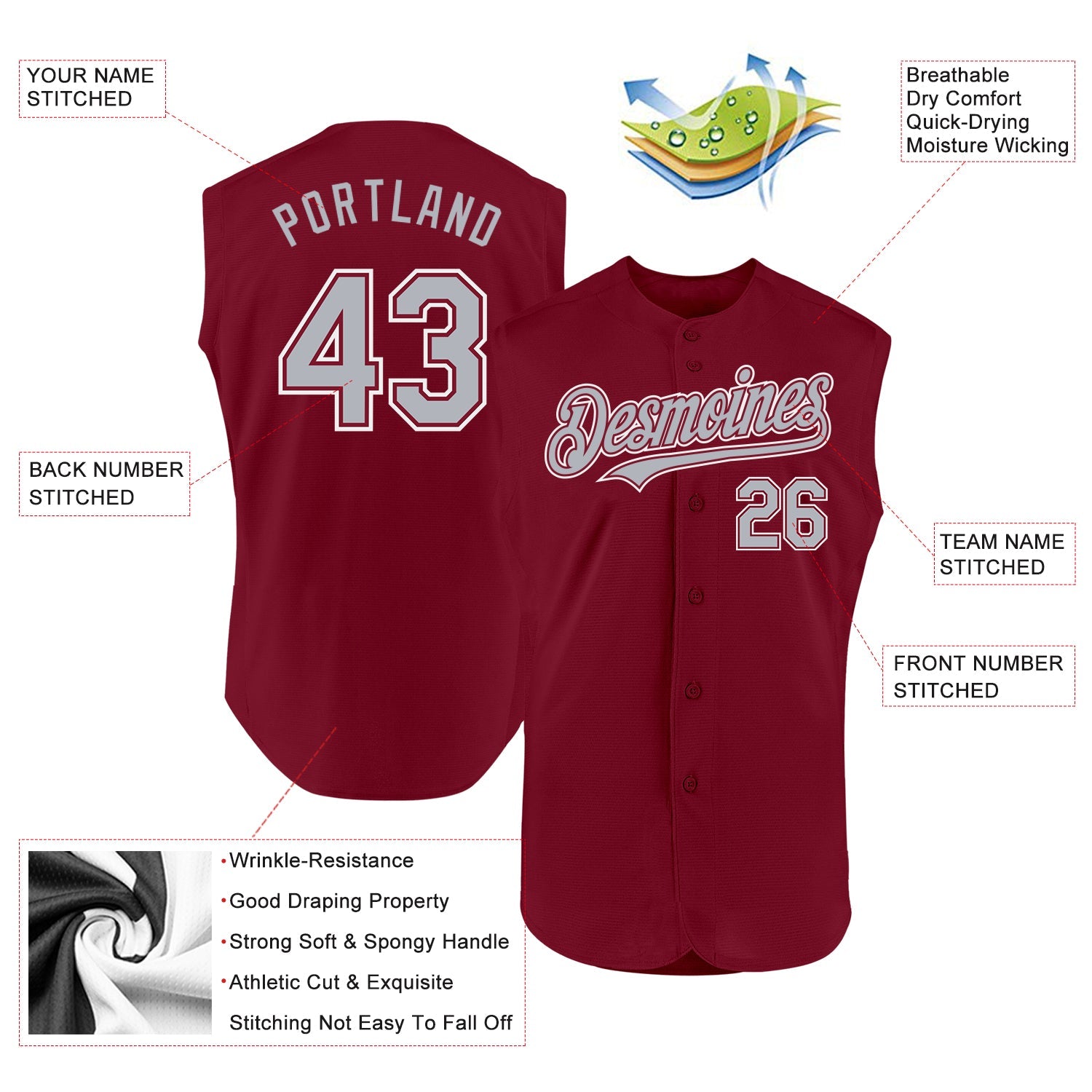 Custom Crimson Gray-White Authentic Sleeveless Baseball Jersey - Sky-Custom