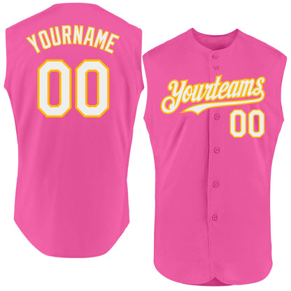 Custom Pink White-Gold Authentic Sleeveless Baseball Jersey - Sky-Custom