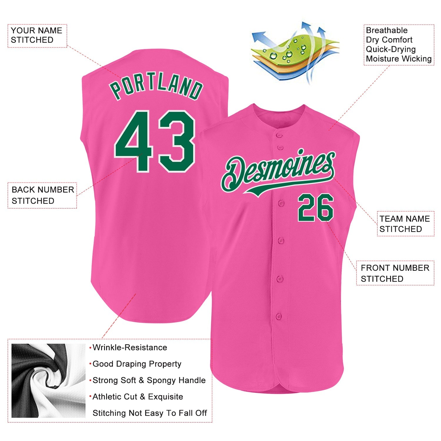 Custom Pink Kelly Green-White Authentic Sleeveless Baseball Jersey - Sky-Custom