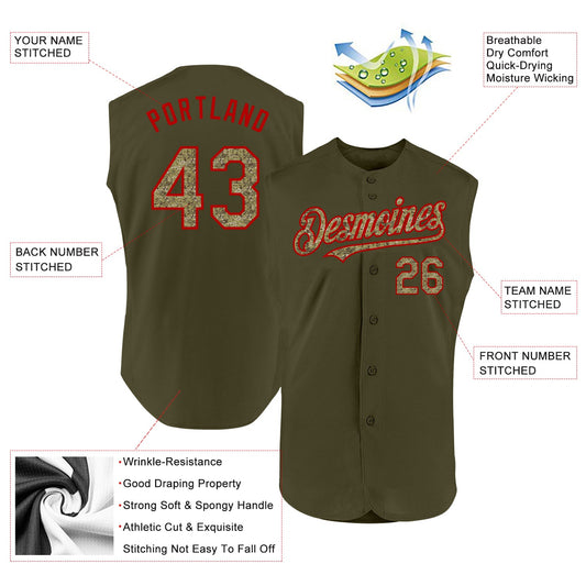 Custom Olive Camo-Red Authentic Sleeveless Salute To Service Baseball Jersey - Sky-Custom