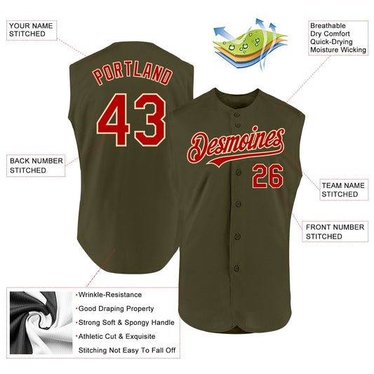 Custom Olive Red-Cream Authentic Sleeveless Salute To Service Baseball Jersey - Sky-Custom