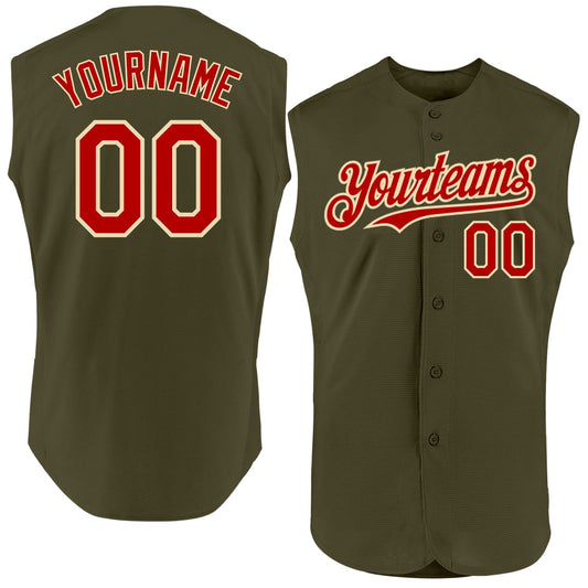 Custom Olive Red-Cream Authentic Sleeveless Salute To Service Baseball Jersey - Sky-Custom