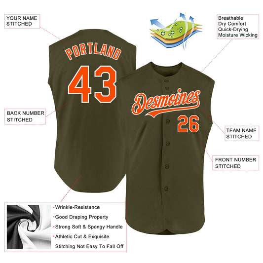 Custom Olive Orange-White Authentic Sleeveless Salute To Service Baseball Jersey - Sky-Custom