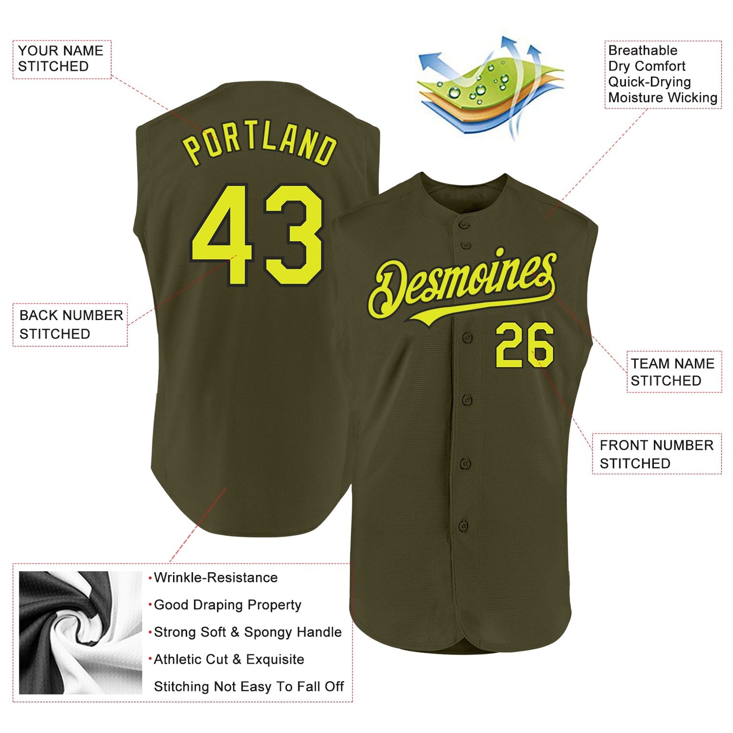 Custom Olive Neon Yellow-Black Authentic Sleeveless Salute To Service Baseball Jersey - Sky-Custom