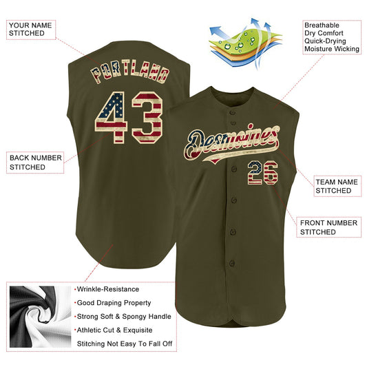 Custom Olive Vintage USA Flag-Cream Authentic Sleeveless Salute To Service Baseball Jersey - Sky-Custom