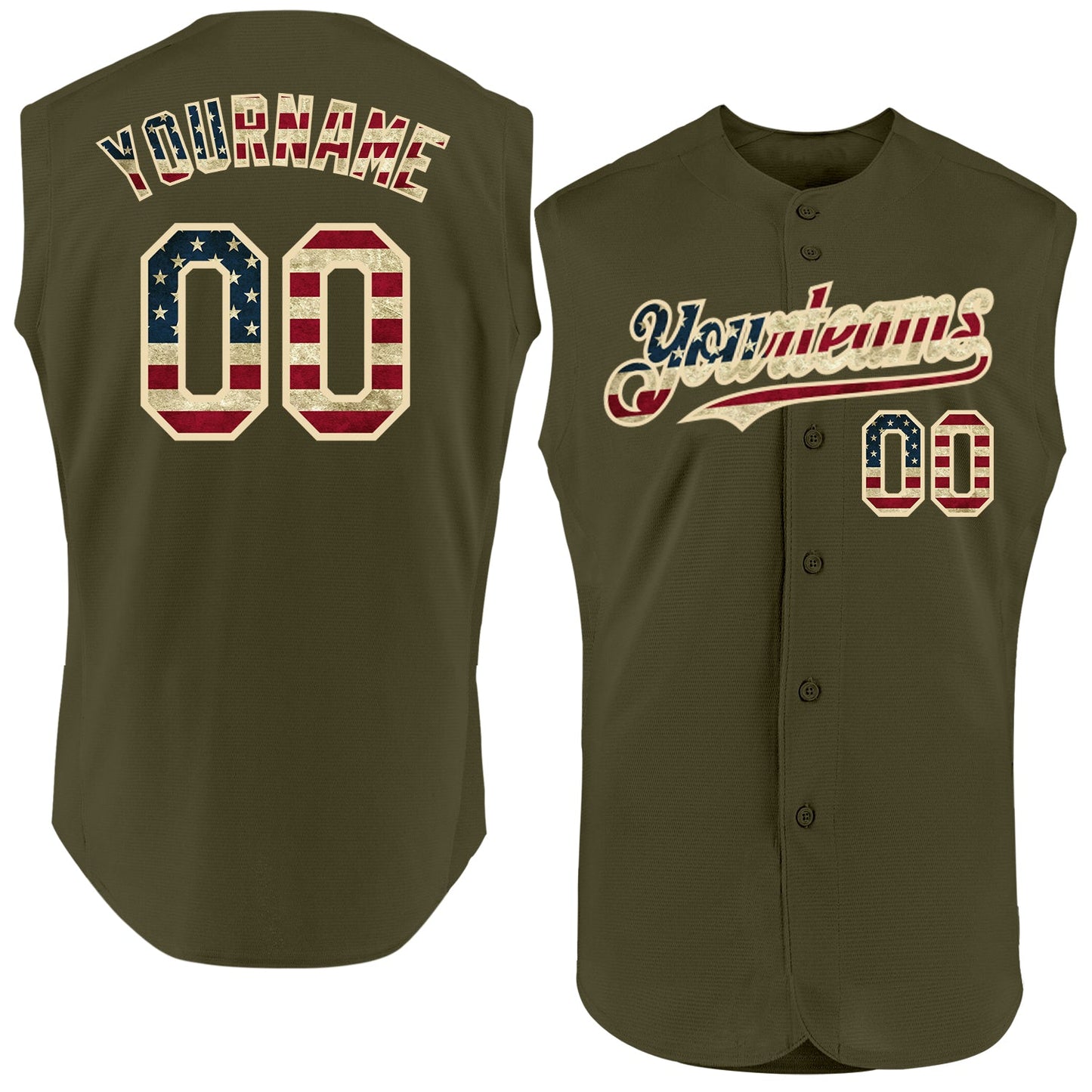Custom Olive Vintage USA Flag-Cream Authentic Sleeveless Salute To Service Baseball Jersey - Sky-Custom