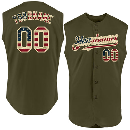 Custom Olive Vintage USA Flag-Cream Authentic Sleeveless Salute To Service Baseball Jersey - Sky-Custom