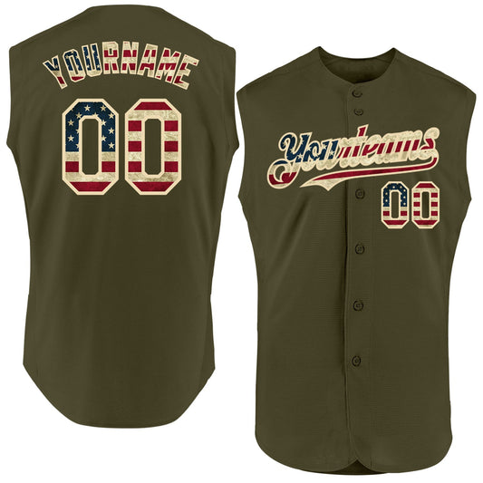 Custom Olive Vintage USA Flag-Cream Authentic Sleeveless Salute To Service Baseball Jersey - Sky-Custom