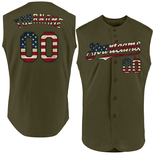 Custom Olive Vintage USA Flag-Black Authentic Sleeveless Salute To Service Baseball Jersey - Sky-Custom
