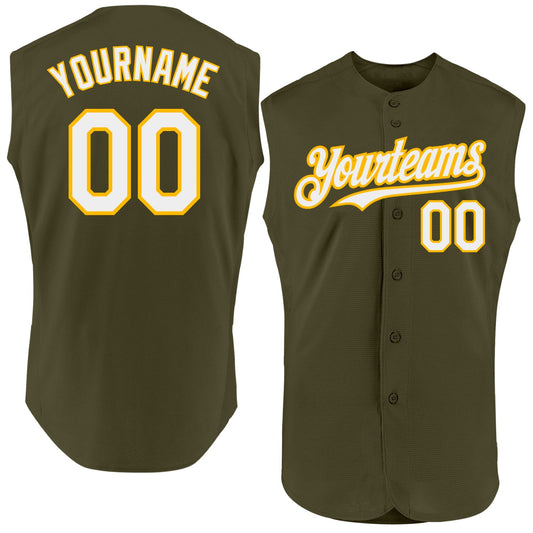 Custom Olive White-Gold Authentic Sleeveless Salute To Service Baseball Jersey - Sky-Custom