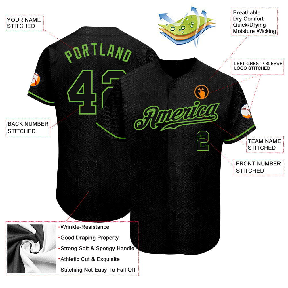 Custom Black Snakeskin Black-Neon Green 3D Pattern Design Authentic Baseball Jersey - Sky-Custom