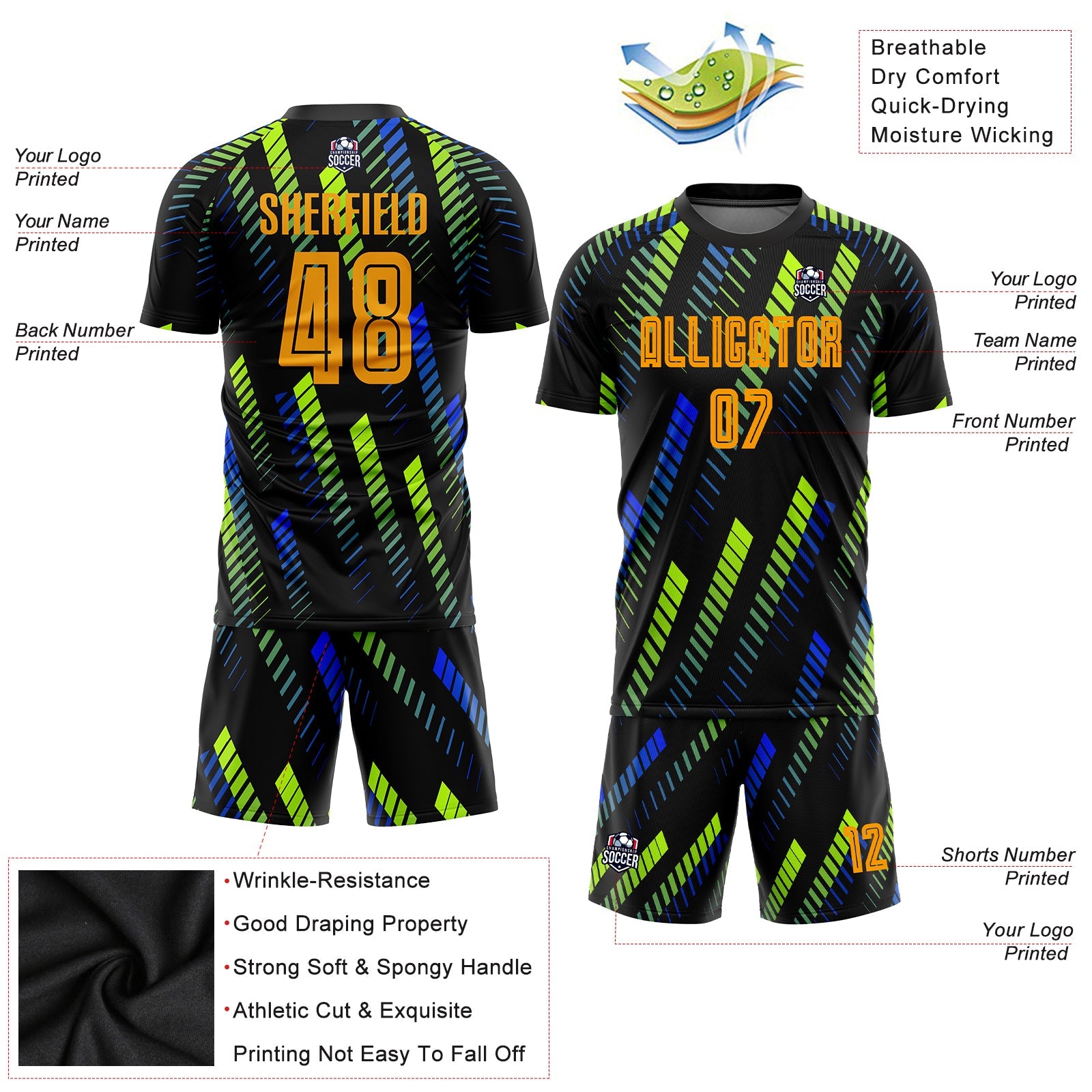 Custom Black Gold-Neon Green Sublimation Soccer Uniform Jersey - Sky-Custom