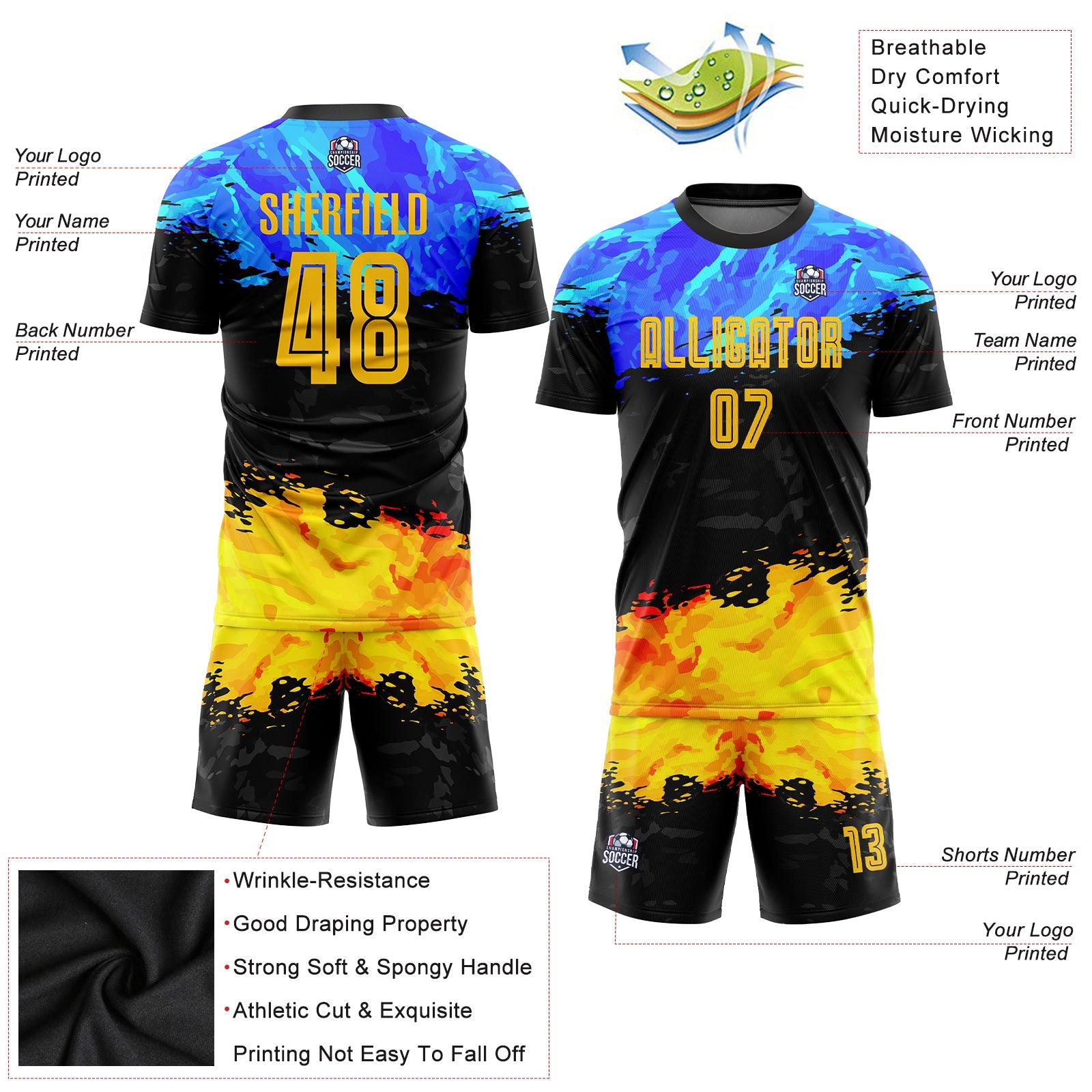 Custom Figure Gold-Royal Sublimation Soccer Uniform Jersey - Sky-Custom