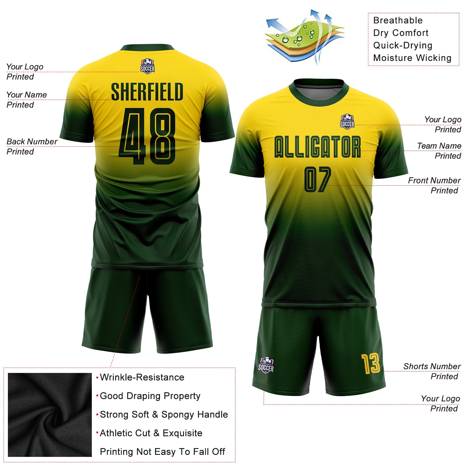 Custom Gold Green Sublimation Fade Fashion Soccer Uniform Jersey - Sky-Custom