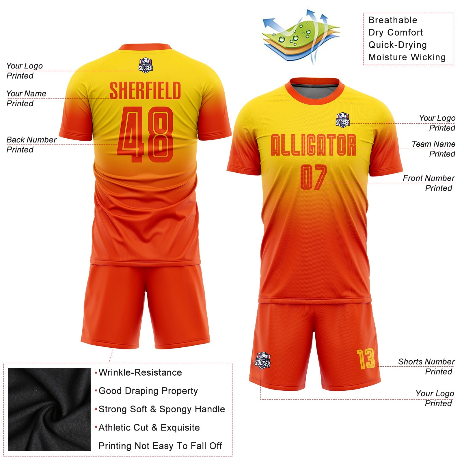 Custom Gold Orange Sublimation Fade Fashion Soccer Uniform Jersey - Sky-Custom