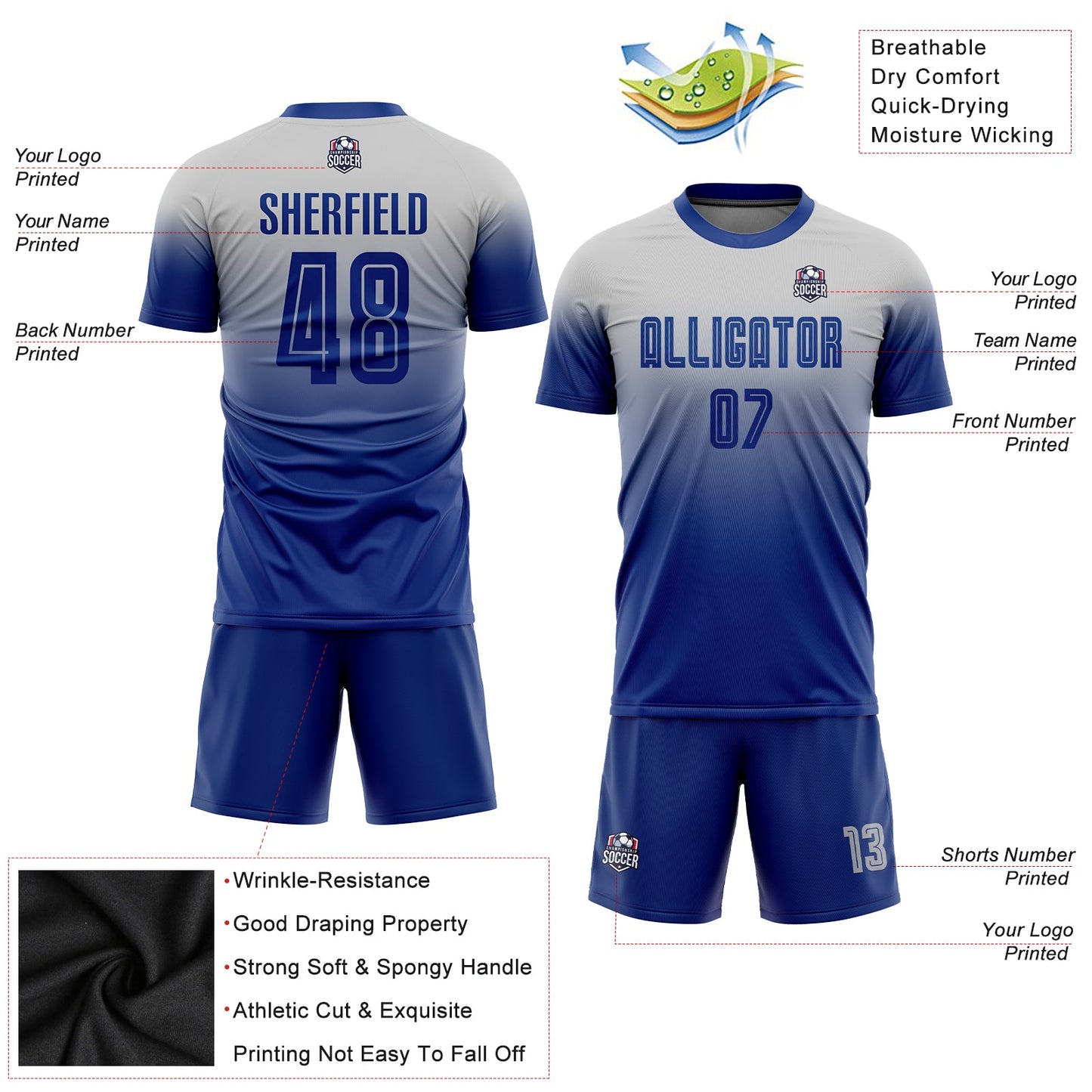 Custom Gray Royal Sublimation Fade Fashion Soccer Uniform Jersey - Sky-Custom