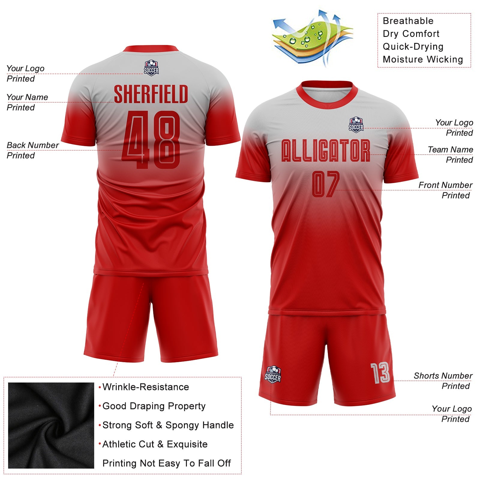 Custom Gray Red Sublimation Fade Fashion Soccer Uniform Jersey - Sky-Custom