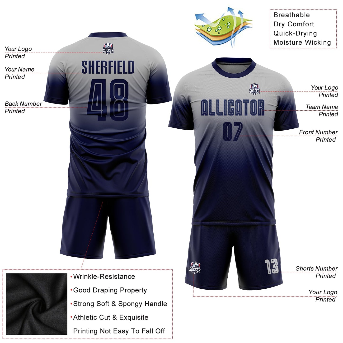 Custom Gray Navy Sublimation Fade Fashion Soccer Uniform Jersey - Sky-Custom