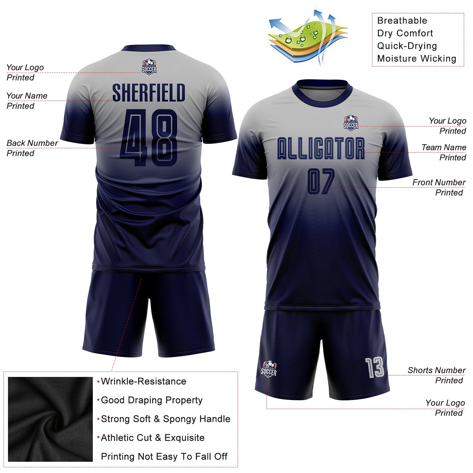 Custom Gray Navy Sublimation Fade Fashion Soccer Uniform Jersey - Sky-Custom