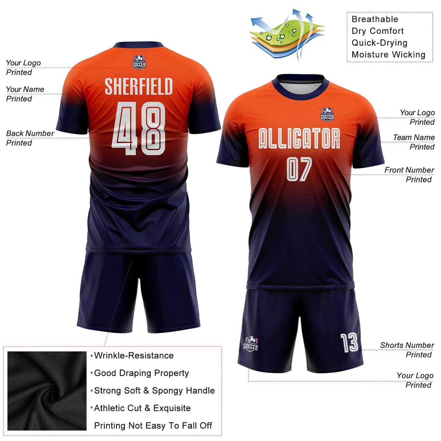 Custom Orange White-Navy Sublimation Fade Fashion Soccer Uniform Jersey - Sky-Custom