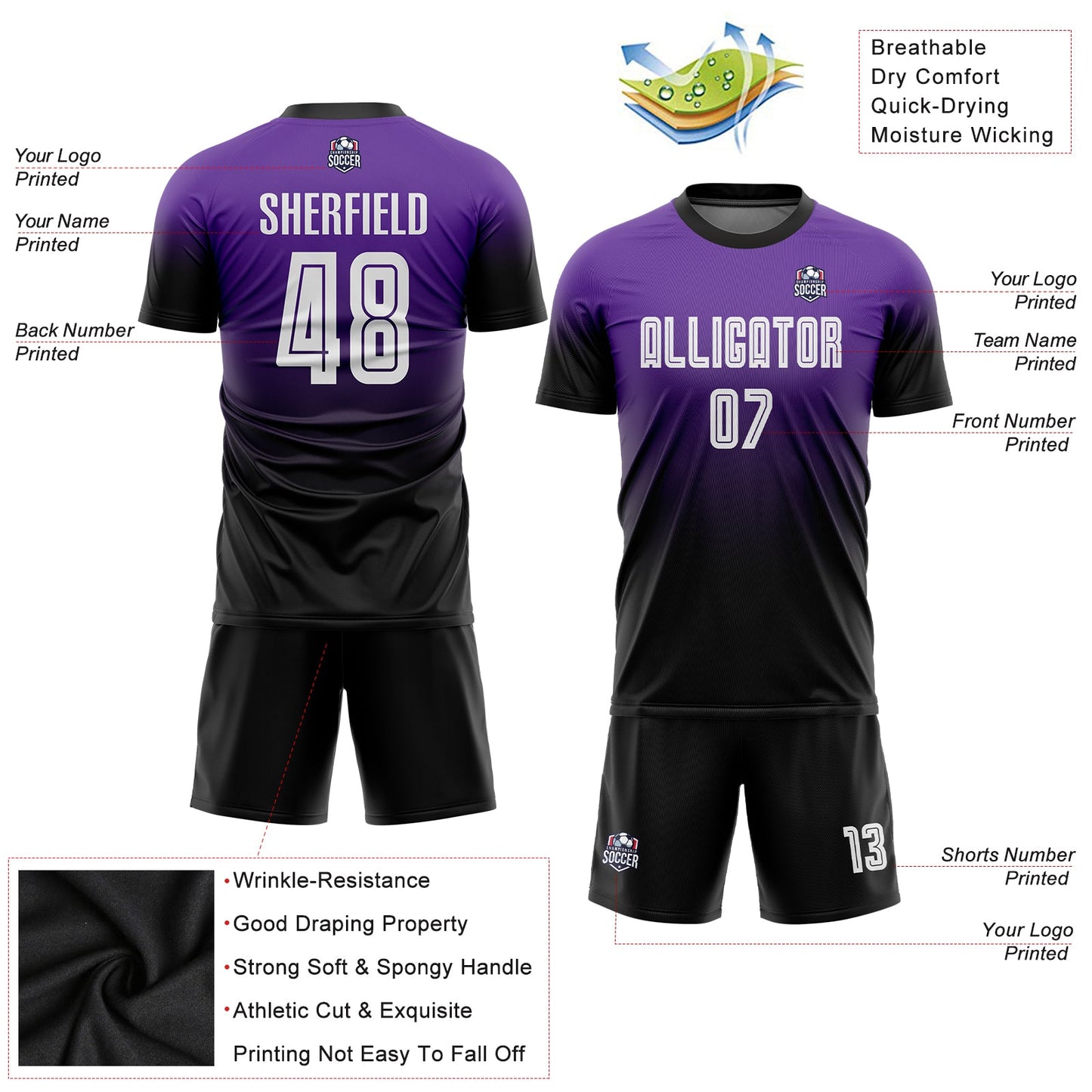 Custom Purple White-Black Sublimation Fade Fashion Soccer Uniform Jersey - Sky-Custom