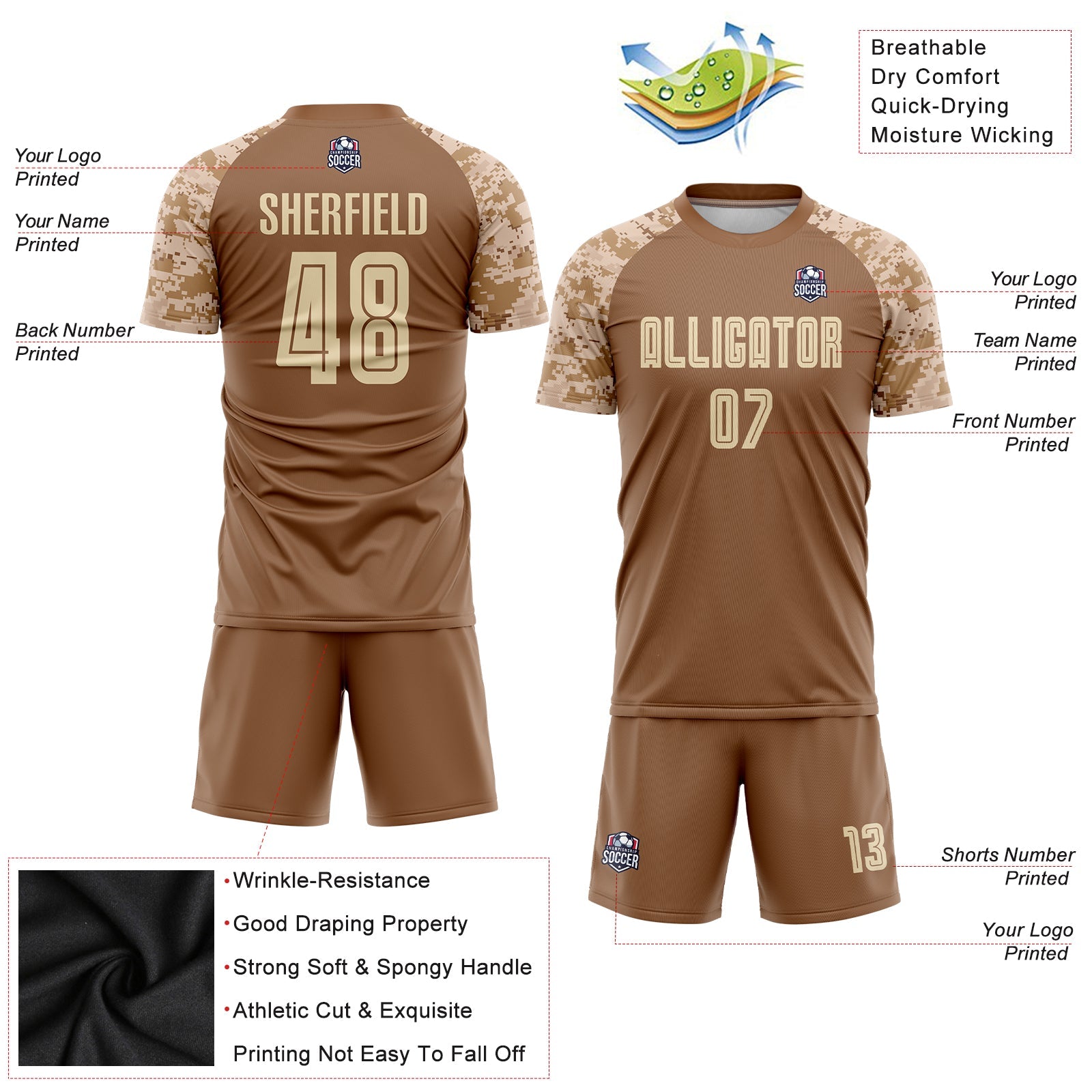 Custom Brown Cream-Camo Sublimation Soccer Uniform Jersey - Sky-Custom